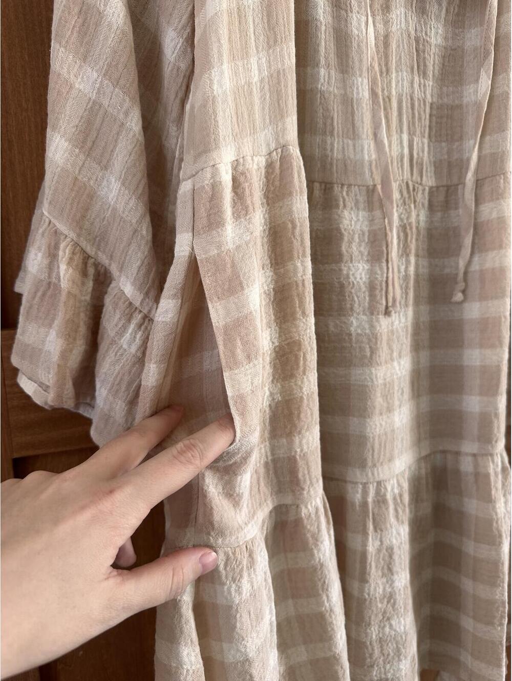 NWT Show Me Your MuMu Viola Plaid Bell Sleeve Mini Dress Beige/ Cream Women’s XS - Picture 5 of 15